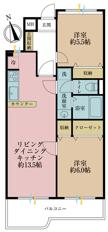 その他 2LDK、専有面積57.44m2、バルコニー面積7.91m2