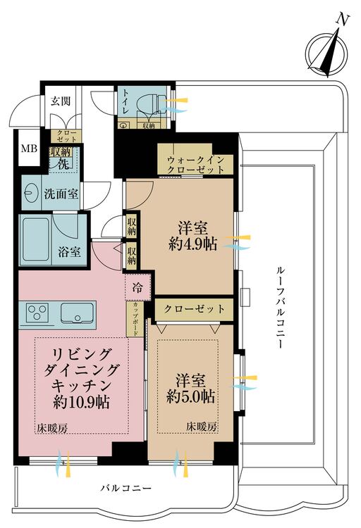 間取り 2LDK、専有面積53.63?、バルコニー面積7.09?、ルーフバルコニー面積13?