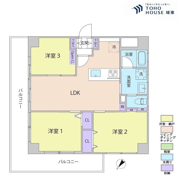 間取り ３ＬＤＫ、専有面積５０．４１平米、バルコニー面積１２．６平米