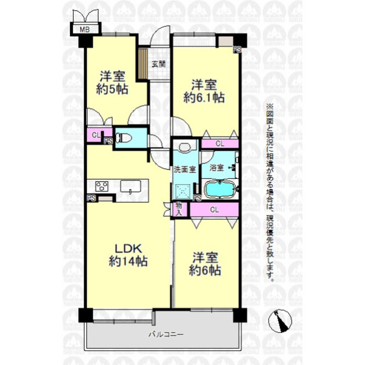 間取り 南西向き全居室5帖超の3LDK住戸