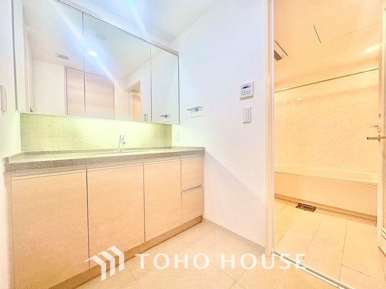 洗面 【Powderroom】広く使い勝手のよい空間と設備で演出。シンプルな使いやすさだけでなくたっぷりの収納力も実現。