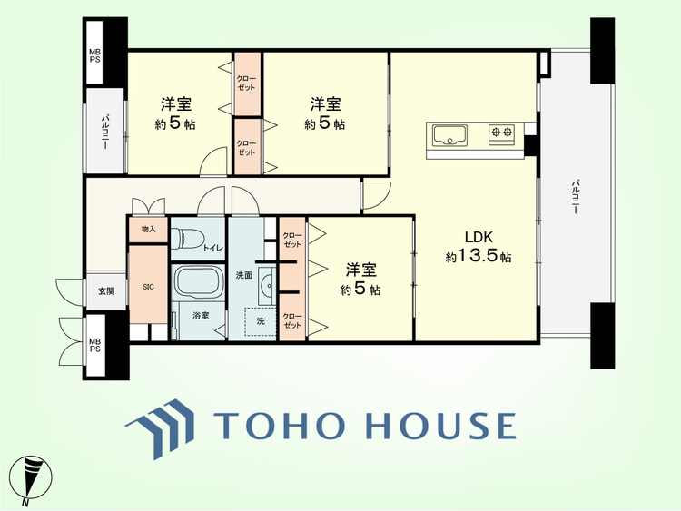 間取り 3LDK　専有面積72.32平米、バルコニー面積13平米
