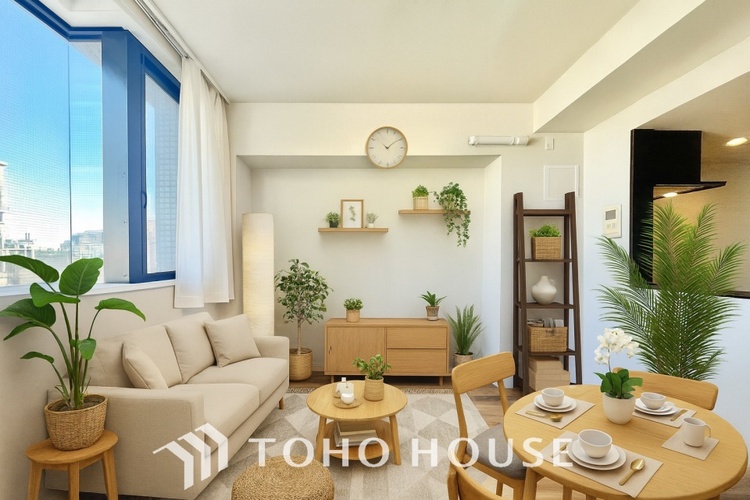 内装 ＊配置してある家具や小物はCGによるイメージ画像です。ゆったりとした幅の窓からこの空間に降り注ぐ採光が絶えない。明るいリビングこそ居心地のいい暮らしが待っているのだと思う。