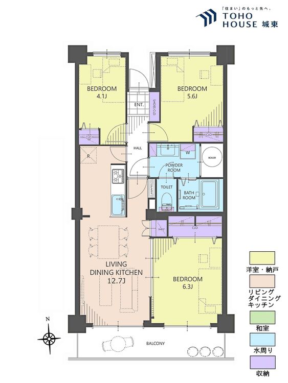 間取り ３ＬＤＫ、専有面積６４．０５平米、バルコニー面積８．９１平米