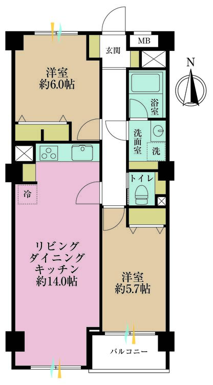 その他 2LDK、専有面積57.97m2、バルコニー面積3.51m2