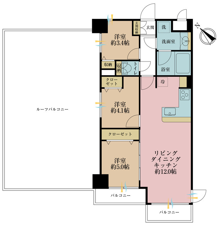 間取り 3LDK、専有面積56.16?、バルコニー面積52.26?