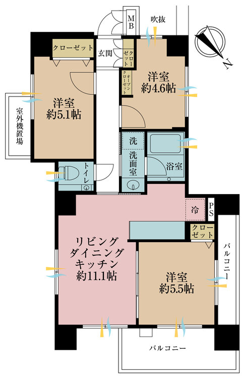 間取り 3LDK、専有面積59.06?、バルコニー面積6.13?