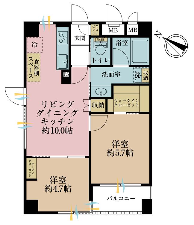 間取り 2LDK、専有面積47.66?、バルコニー面積3.38?
