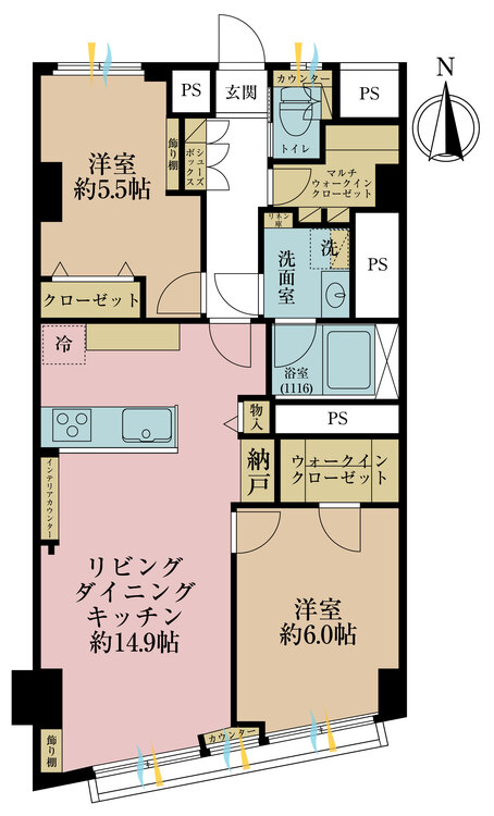 間取り 2LDK、専有面積62.62?、バルコニー無し