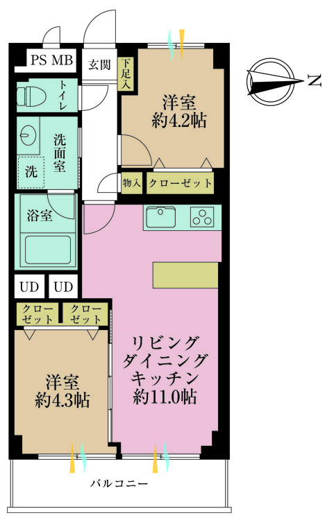 間取り 2LDK、専有面積48?、バルコニー面積5?