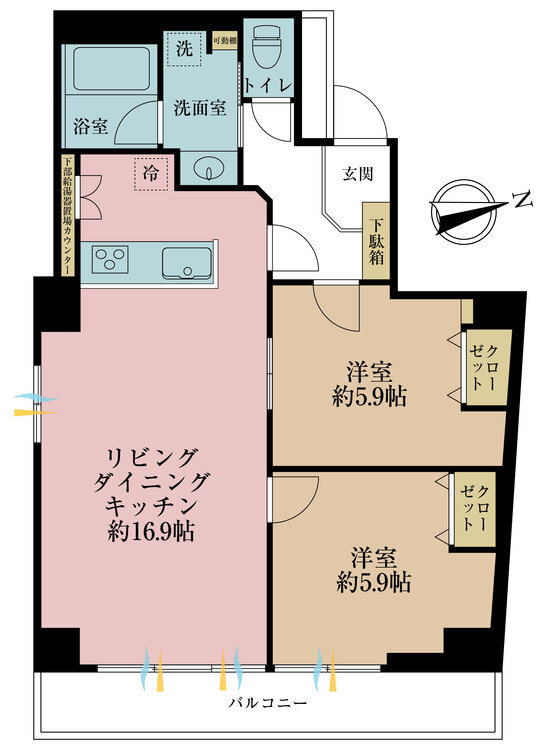 間取り 2LDK、専有面積62.88?、バルコニー面積7.81?