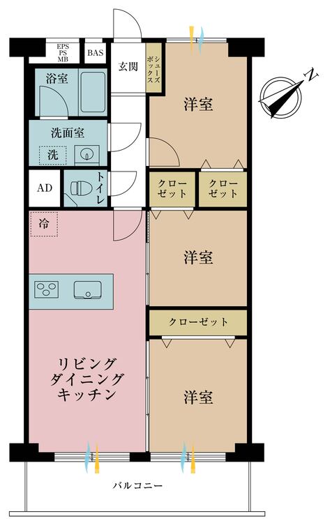 間取り 3LDK、専有面積56.79?、バルコニー面積6.6?