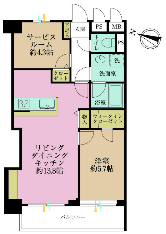 間取り 1SLDK、専有面積55.1?、バルコニー面積7.03?