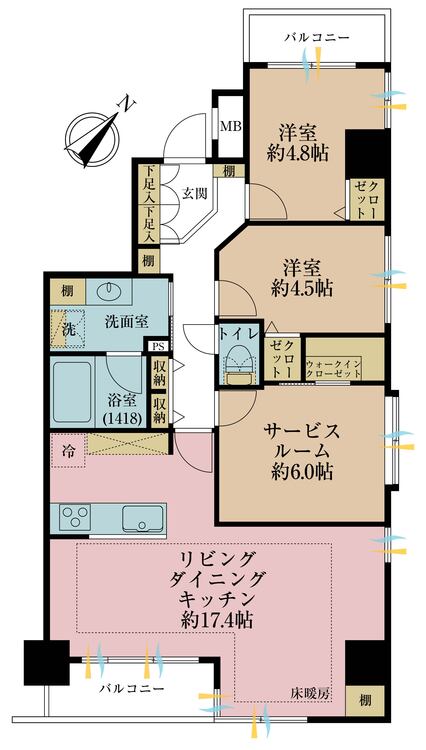 間取り 2SLDK、専有面積75.01?、バルコニー面積7.18?