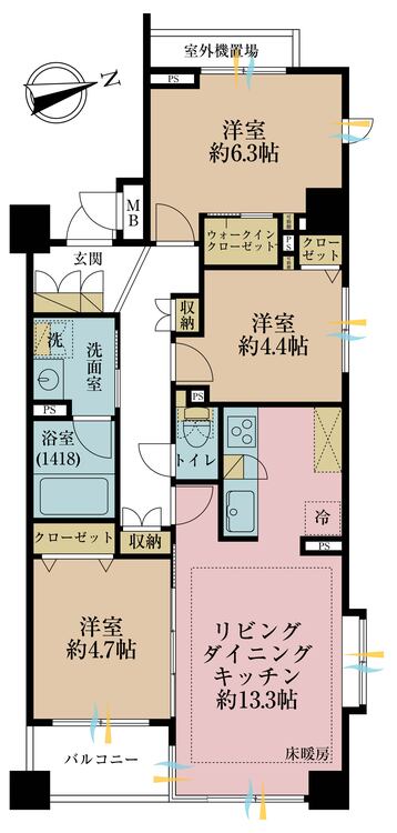 間取り 3LDK、専有面積66.83?、バルコニー面積3.64?