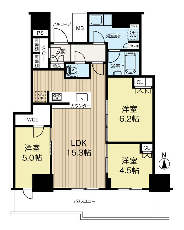 間取り 33階南向き３ＬＤＫ