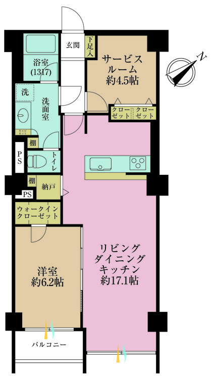 その他 1LDK+2S（納戸）、専有面積62.64m2、バルコニー面積3.24m2