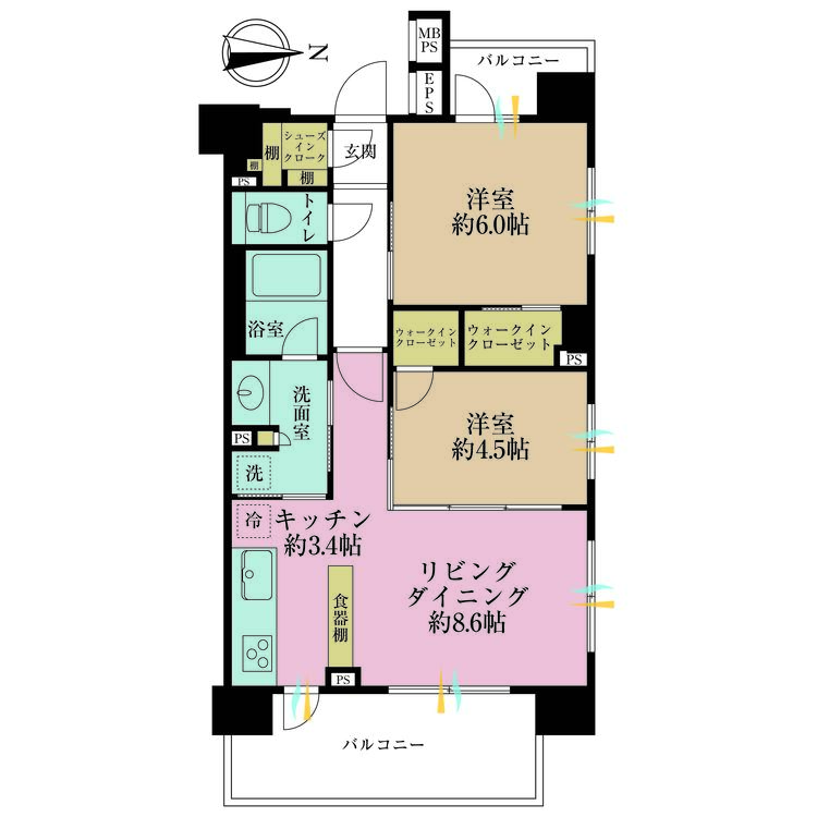 その他 2LDK、専有面積53.82m2、バルコニー面積11.94m2