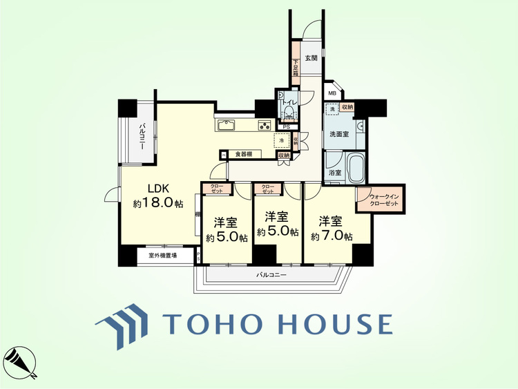 間取り 3LDK　専有面積83.77平米、バルコニー面積12.74平米