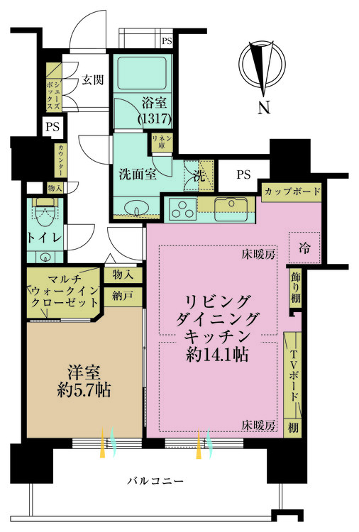 間取り 1LDK、専有面積55.35?、バルコニー面積9.4?