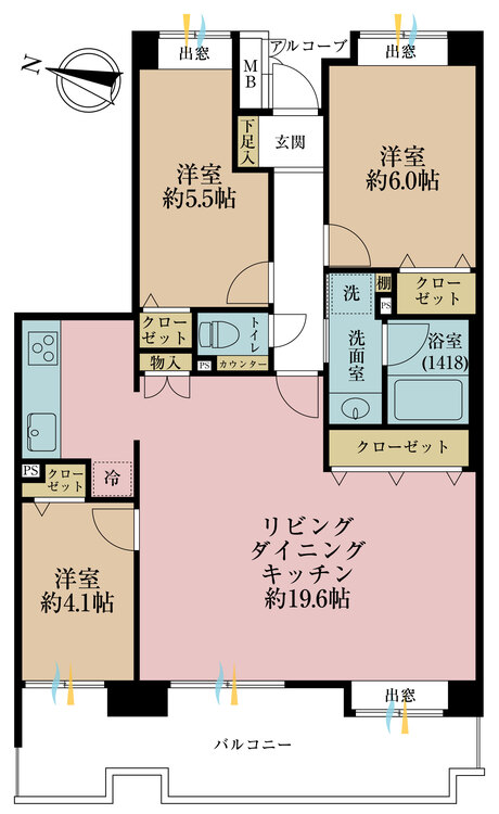 間取り 3LDK、専有面積81.52?、バルコニー14.3?