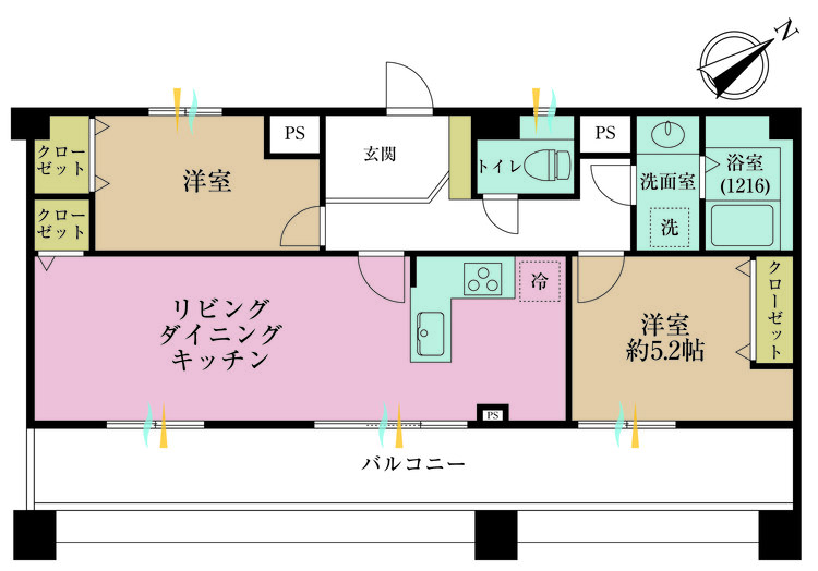 間取り 2LDK、専有面積58.05?、バルコニー面積17.57?