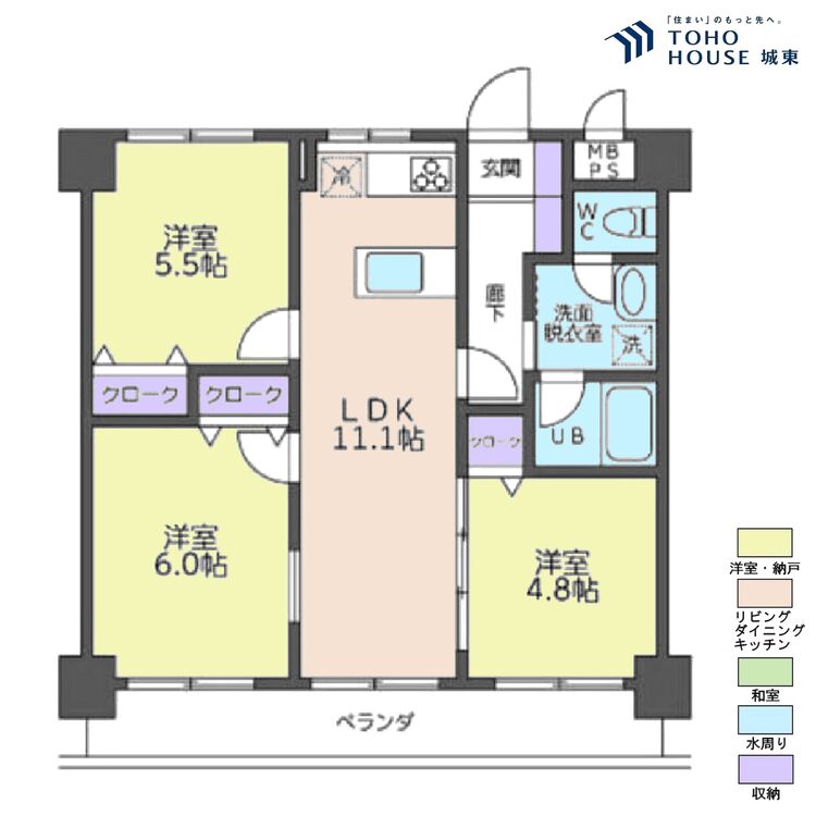 間取り ３ＬＤＫ、専有面積５９．２８平米、バルコニー面積７．８平米