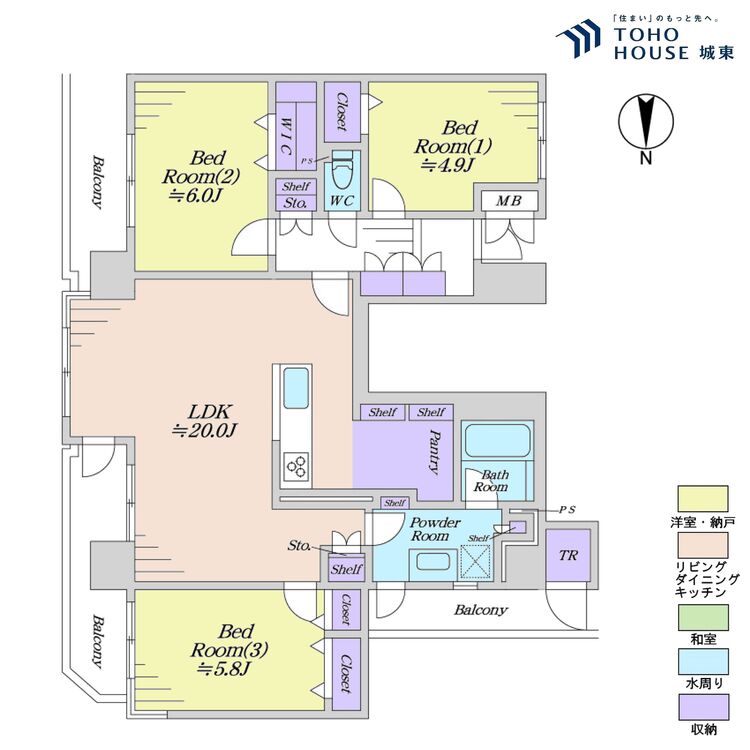 間取り ３ＬＤＫ、専有面積８１．９７平米、バルコニー面積１５．６１平米