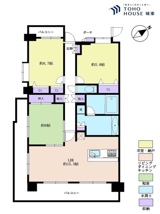 間取り ３ＬＤＫ、専有面積７７．３４平米、バルコニー面積２６．８７平米