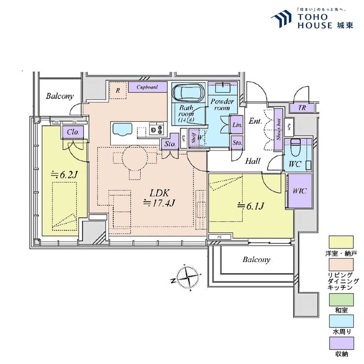 間取り ２ＬＤＫ、専有面積７１．２９平米、バルコニー面積９．９８平米