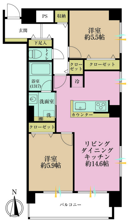 その他 2LDK、専有面積60.92m2、バルコニー面積7.5m2