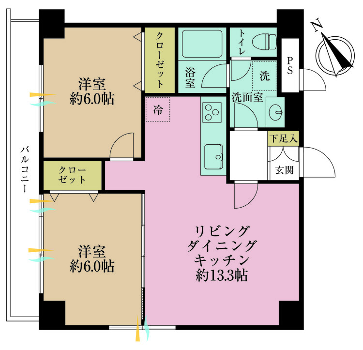その他 2LDK、専有面積57.4m2、バルコニー面積6.66m2