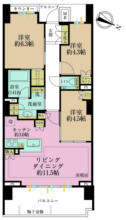その他 3LDK、専有面積67.22m2、バルコニー面積11.78m2