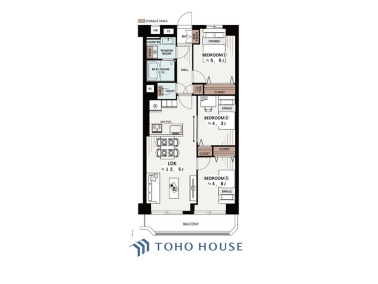間取り ◆居心地のいい暮らし◆には欠かせない眩い採光。ゆったりとした幅の窓からこの空間に降り注ぐ採光が絶えない。明るいリビングこそ居心地のいい暮らしが待っているのだと思う。