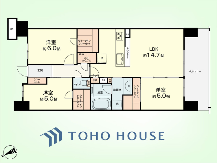 間取り 3LDK+DEN　専有面積72.39平米、バルコニー面積11.28平米