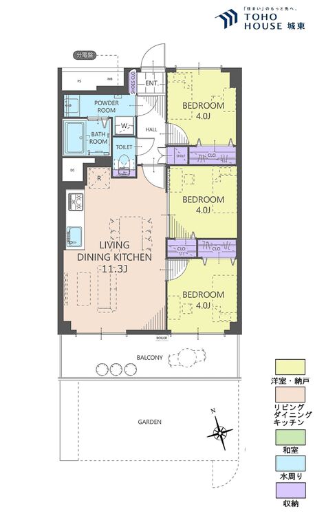 間取り ３ＬＤＫ、専有面積５５．８平米、テラス面積９．３平米、専用庭面積１７．３６平米