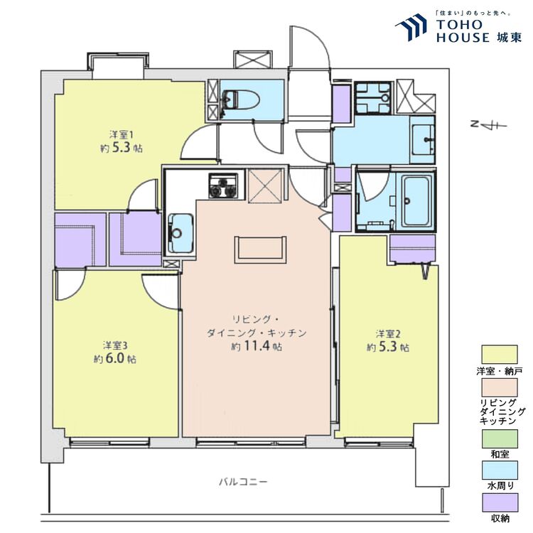 間取り ３ＬＤＫ、専有面積６１．５４平米、バルコニー面積１２．０７平米