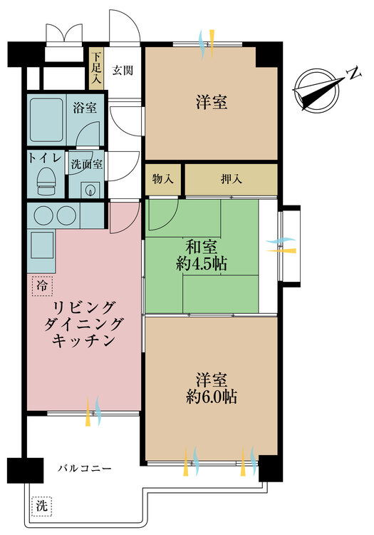 間取り ３ＬＤＫ、専有面積５４．３５平米、バルコニー面積６．５６平米