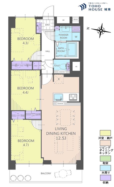 間取り ３ＬＤＫ、専有面積６０．５０平米、バルコニー面積７．１５平米