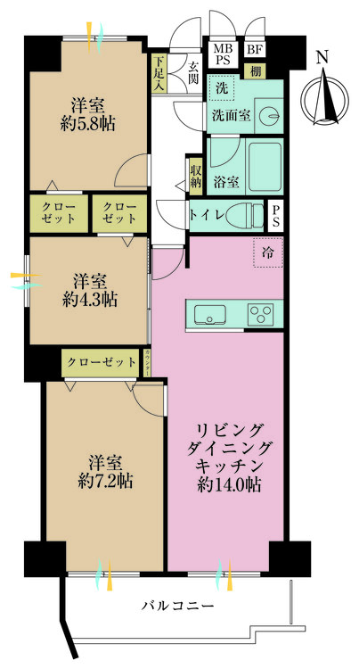 その他 3LDK、専有面積72.88m2、バルコニー面積7.6m2