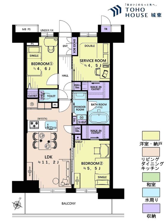間取り ２ＳＬＤＫ、専有面積５９．１２平米、バルコニー面積９．１２平米