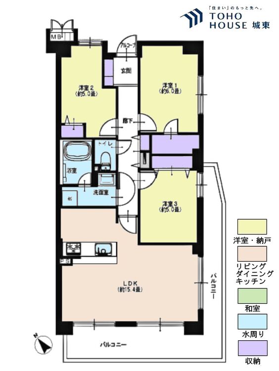 間取り ３ＬＤＫ、専有面積７０．１平米、バルコニー面積１６．１３平米