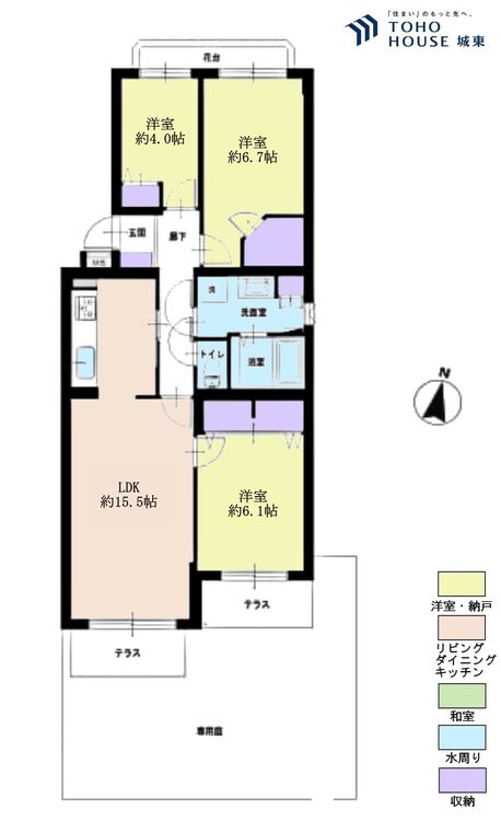 間取り ３ＬＤＫ、専有面積７４平米、テラス面積６．７２平米、専用庭面積確認中