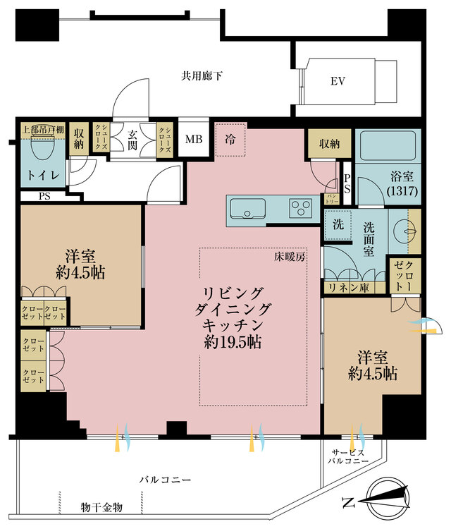 間取り ２ＬＤＫ、専有面積６５．５６平米、バルコニー面積１３．２４平米