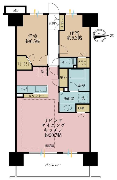間取り ２ＬＤＫ、専有面積７０．１５平米、バルコニー面積１１．５９平米