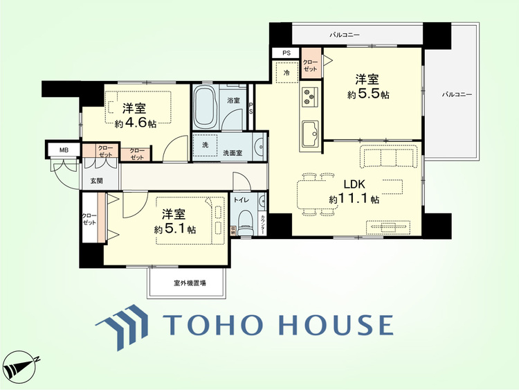 間取り 3LDK　専有面積59.06平米、バルコニー面積6.13平米