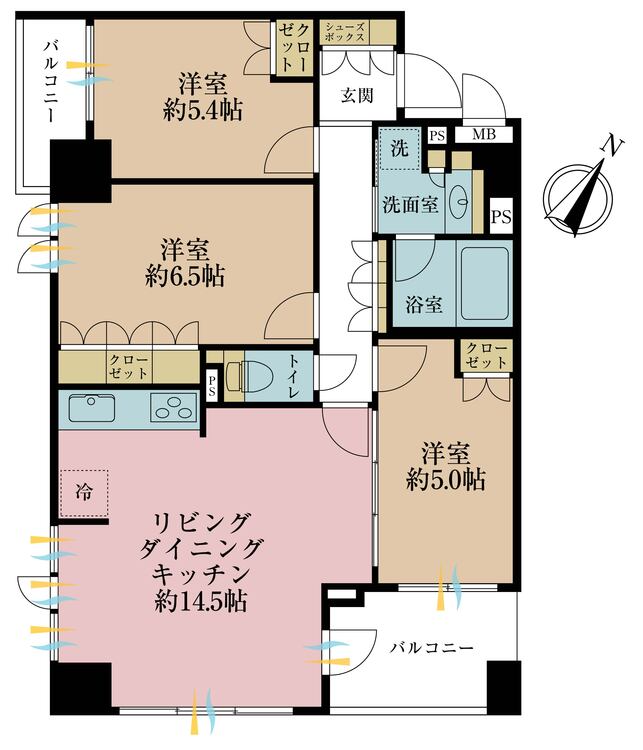 間取り 3LDK、専有面積69.02m2、バルコニー面積8.99m2