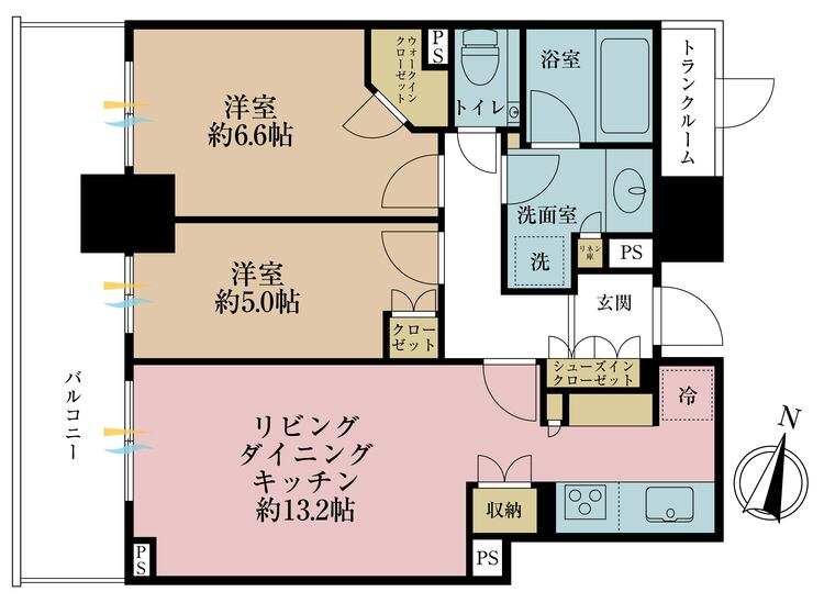 間取り 2LDK、専有面積61.02?、バルコニー面積12.42?