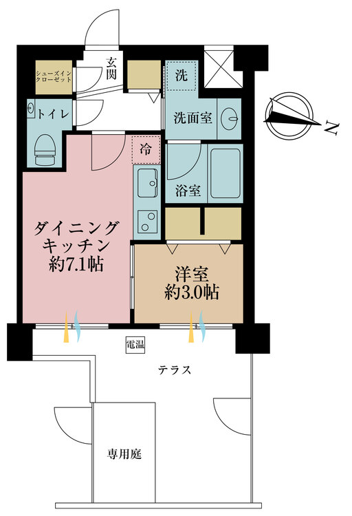 間取り 1DK、専有面積30.85?、テラス面積10.76?