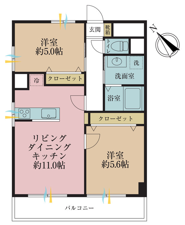 間取り 2LDK,専有面積54.81?、バルコニー面積8.19?
